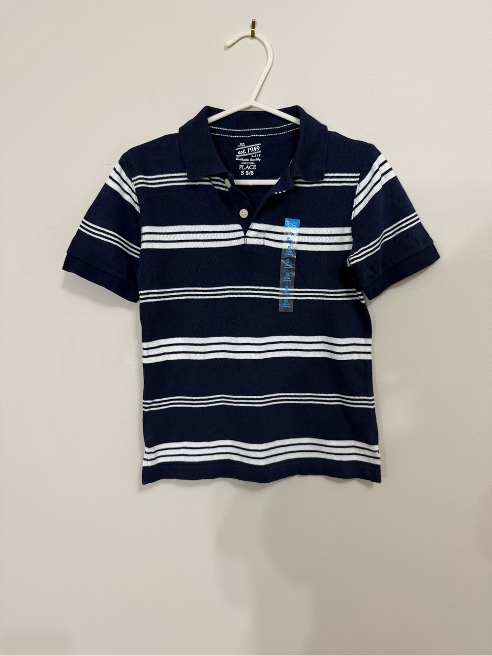 The Children’s Place Boys Polo Shirt Size S 5/6 Navy White Stripe 100% Cotton